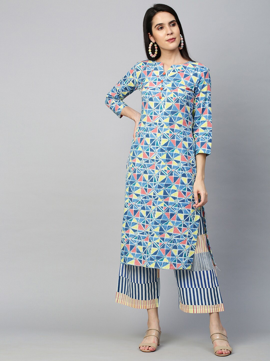 

FASHOR Women Blue Ethnic Motifs Printed Mirror Work Kurta with Trousers