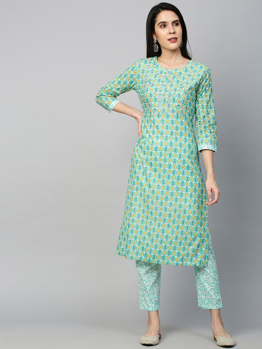 

FASHOR Women Sea Green Floral Printed Pure Cotton Kurta with Trousers