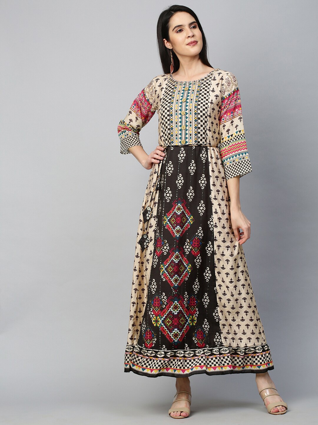 

FASHOR Beige & Black Ethnic Motifs Printed Maxi Dress