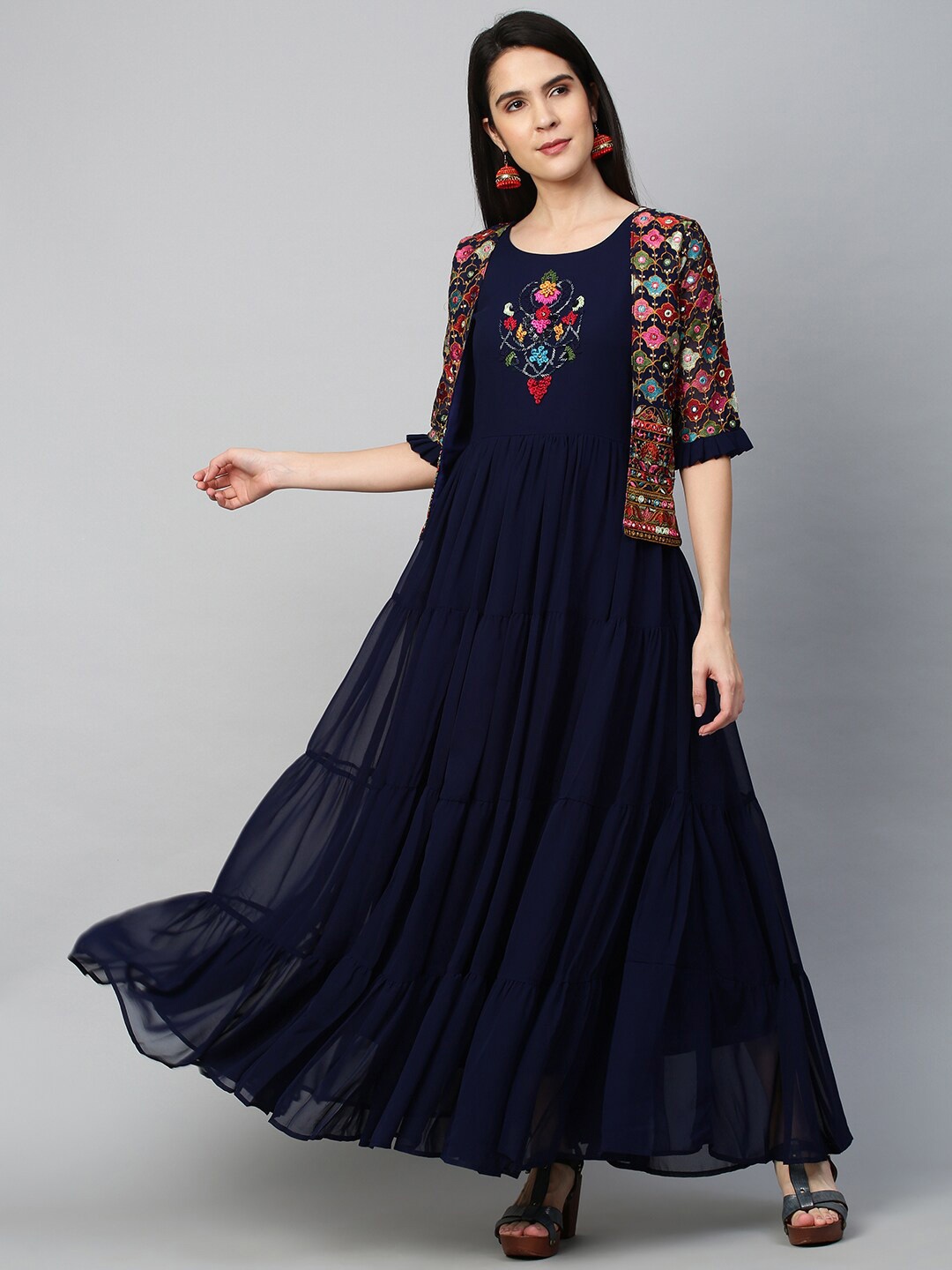 

FASHOR Navy Blue Floral Embroidered Georgette Maxi Dress