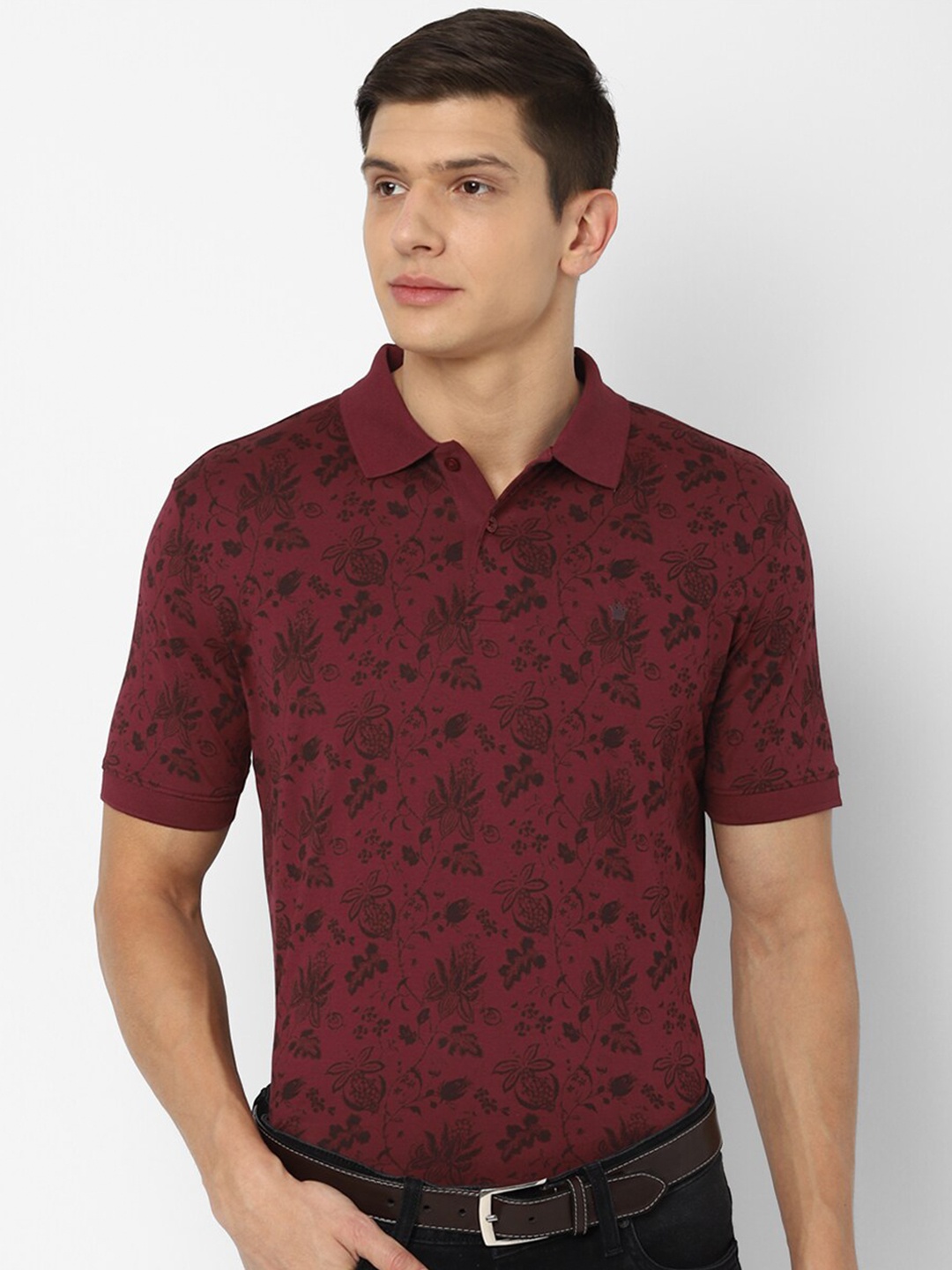 

Louis Philippe Sport Men Maroon & Black Floral Printed Polo Collar Pure Cotton T-shirt