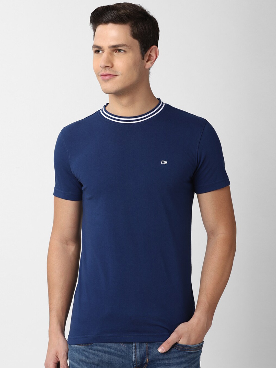 

Peter England Casuals Men Blue Solid Slim Fit Cotton T-shirt