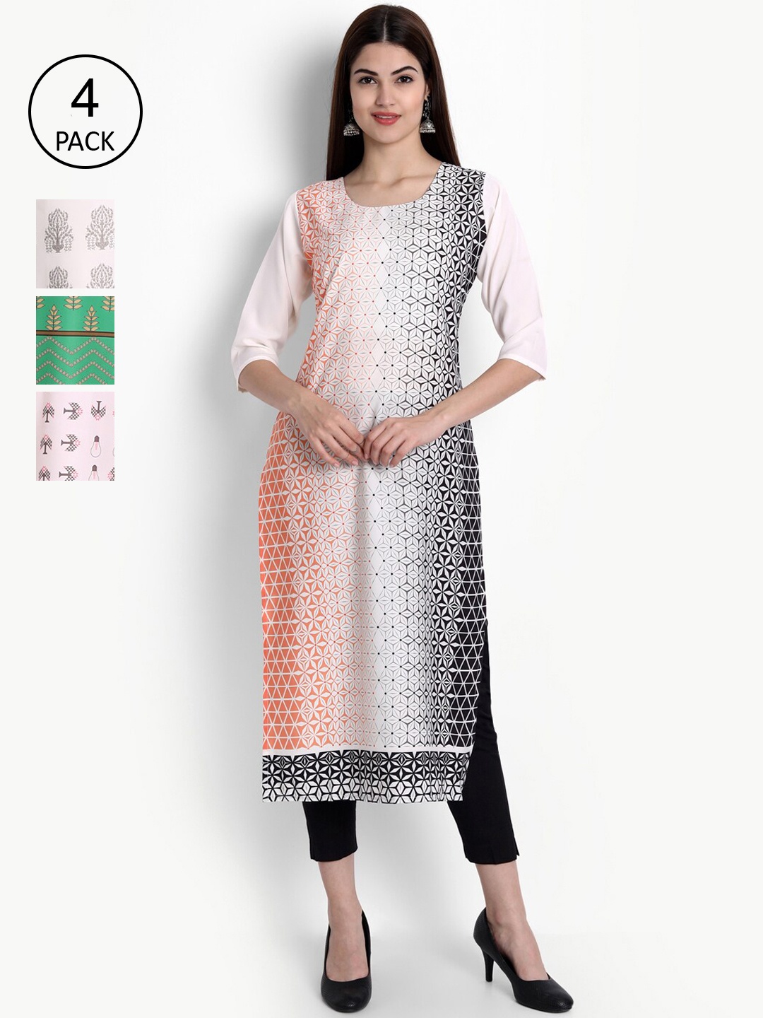 

Ethnic basket Women Pack of 4 Ethnic Motifs Printed Crepe Kurta, Green