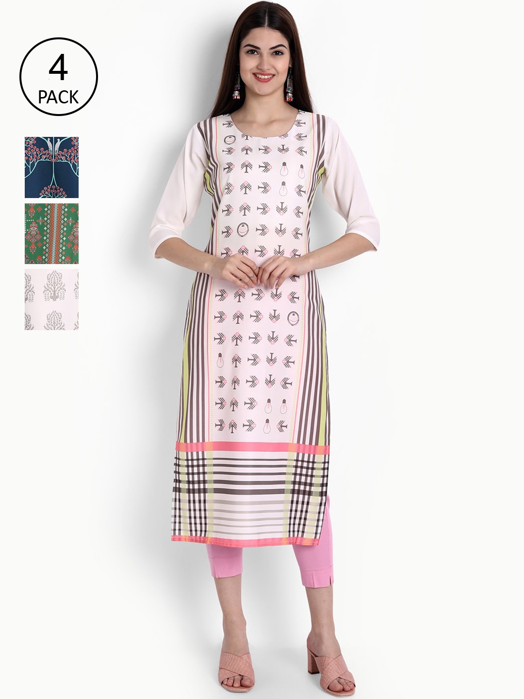 

Ethnic basket Women Pack of 4 Multicoloured Ethnic Motifs Printed Crepe Kurta, Multi