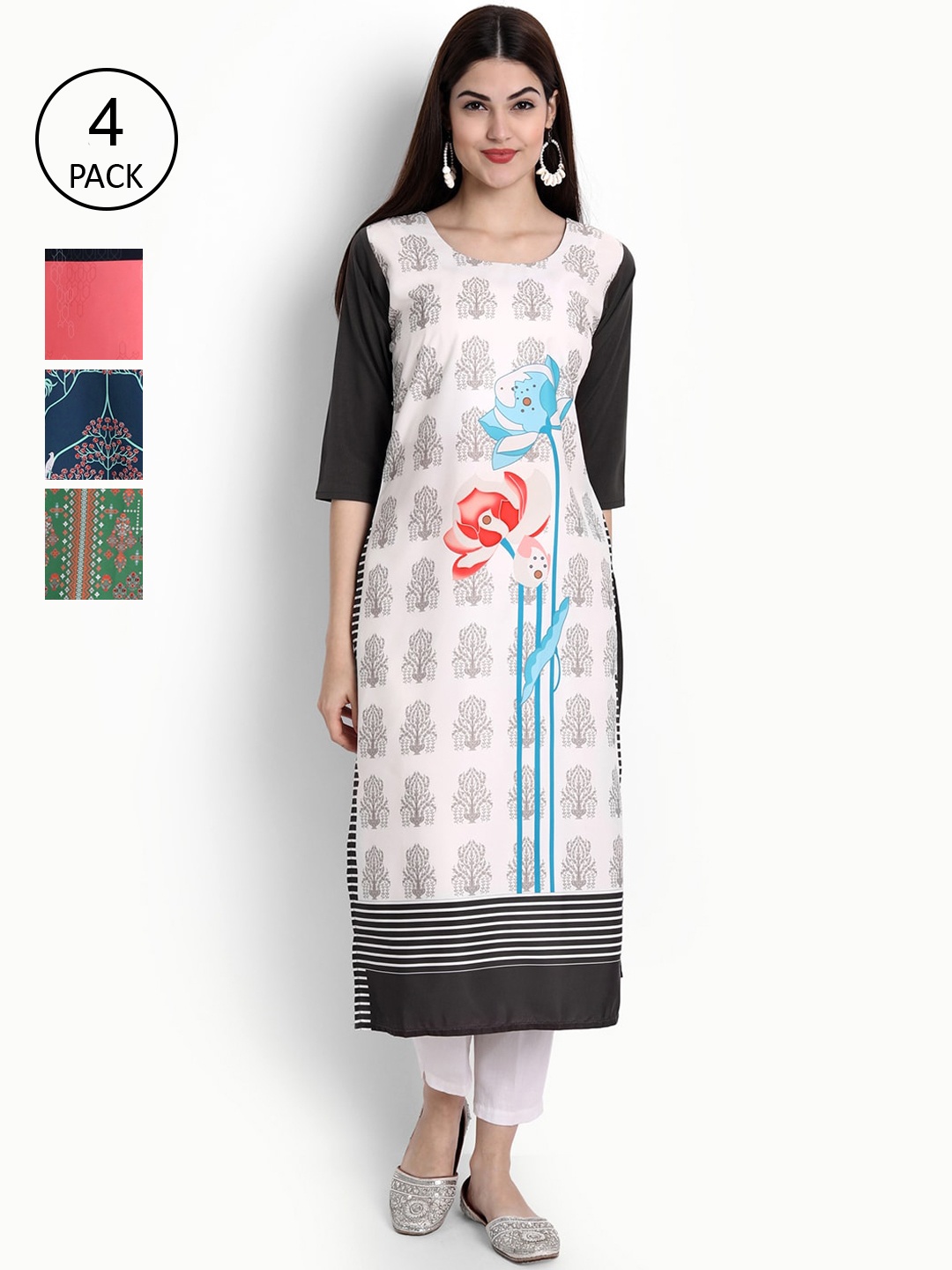 

Ethnic basket Women Pack of 4 Digital Printed Straight Kurtas, White