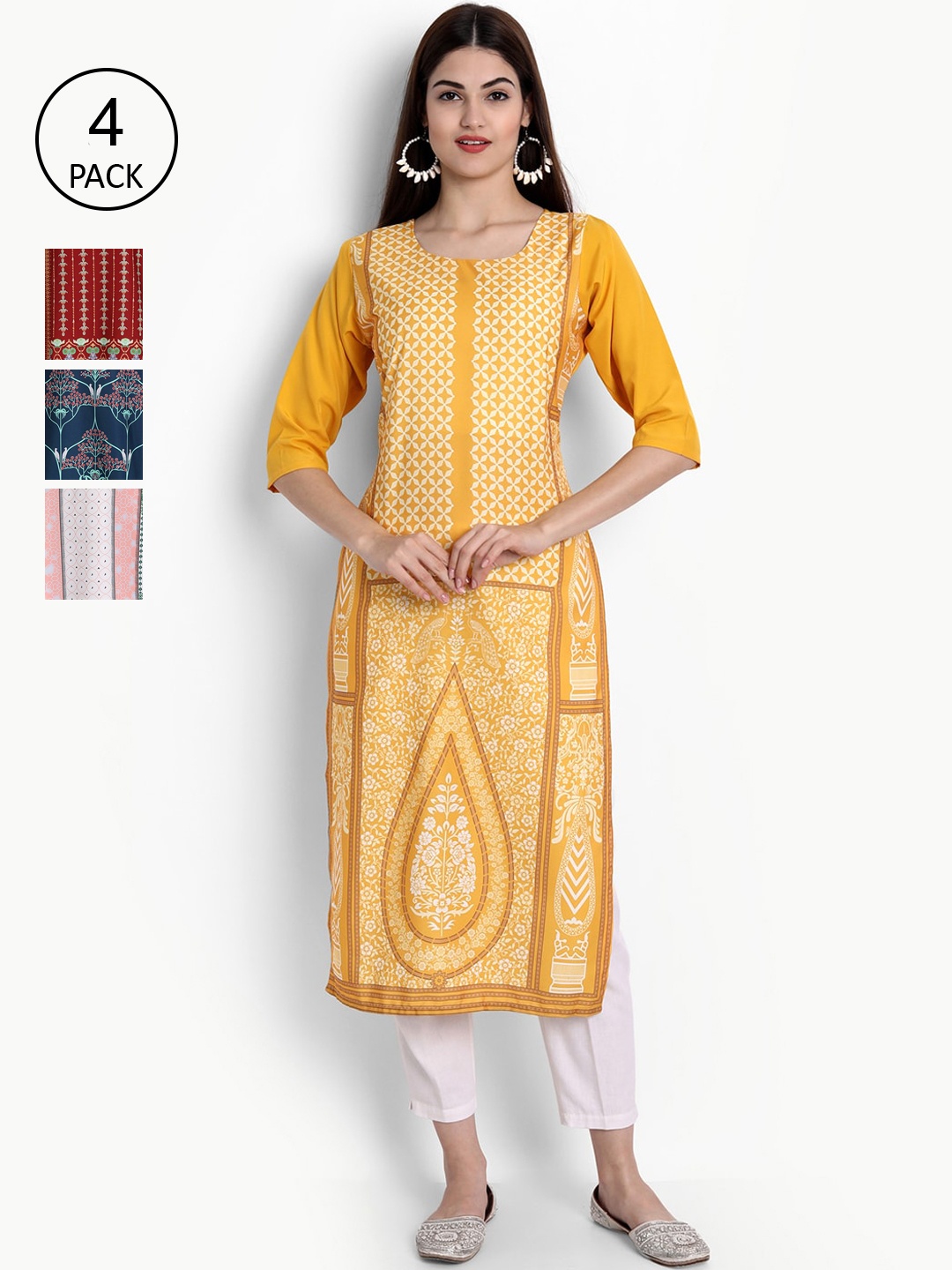 

Ethnic basket Women Pack of 4 Multicoloured Ethnic Motifs Printed Crepe Kurta, Multi