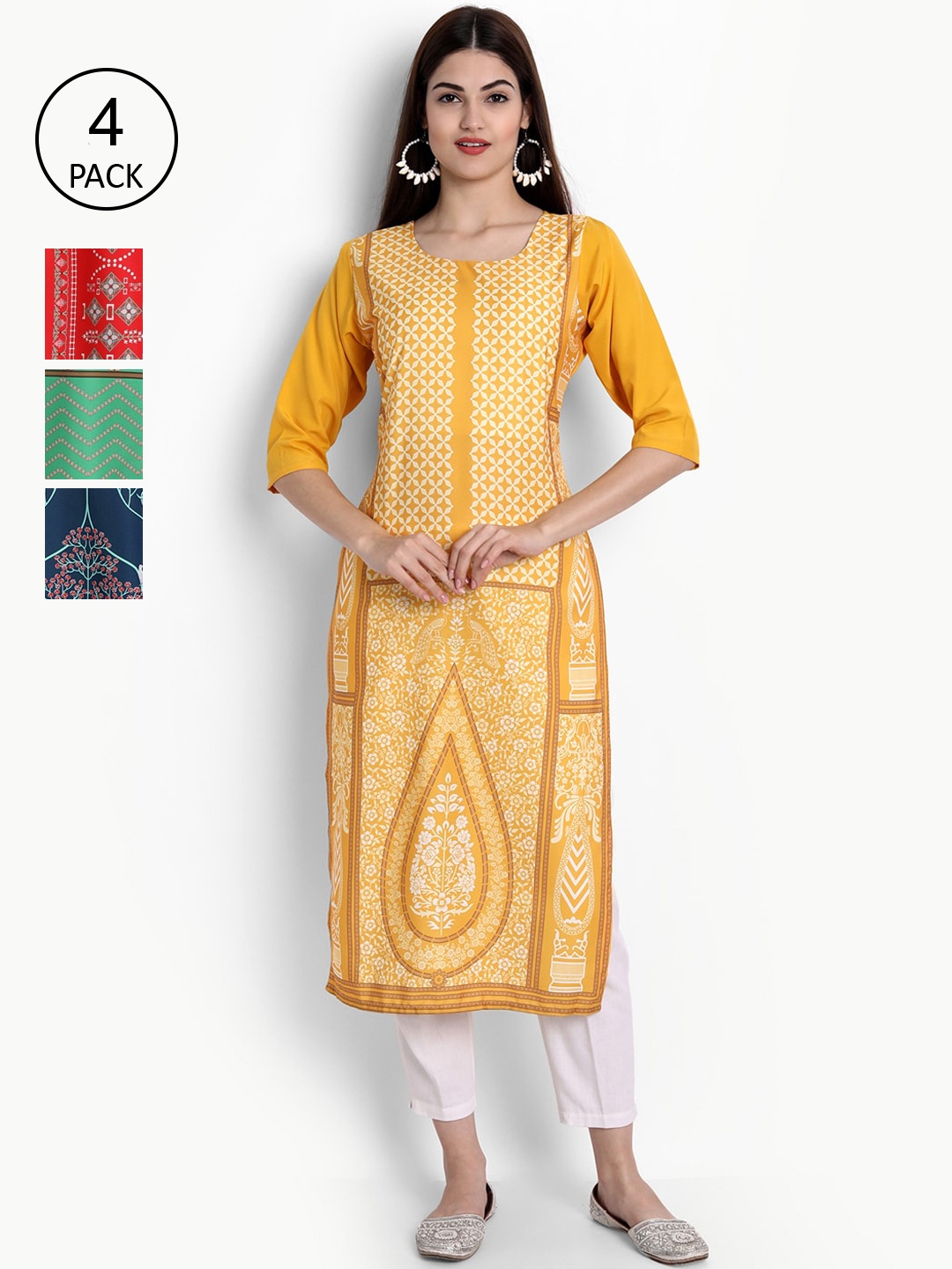 

Ethnic basket Women Pack of 4 Ethnic Motifs Printed Crepe Kurta, Yellow