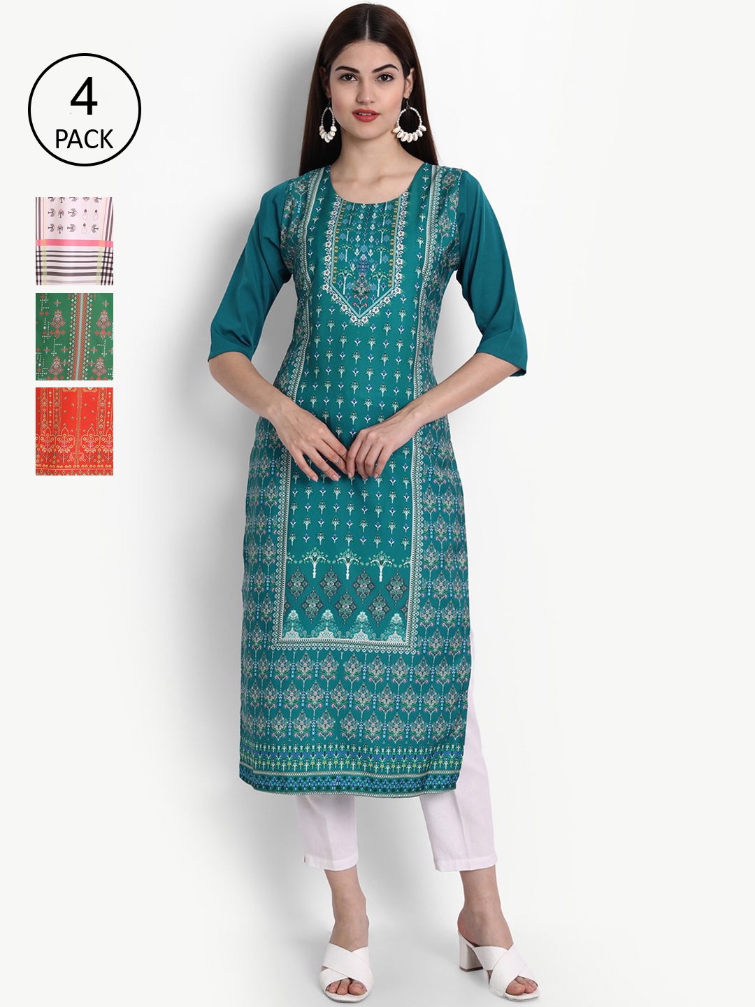 

Ethnic basket Women Pack Of 4 Straight Kurtas, Green