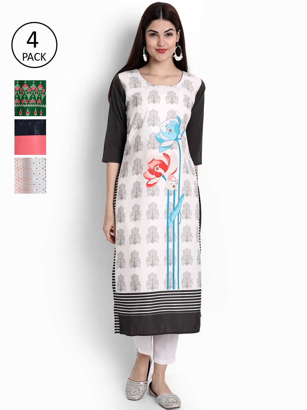 

Ethnic basket Women Pack Of 4 Multi Ethnic Motifs Printed Crepe Kurta