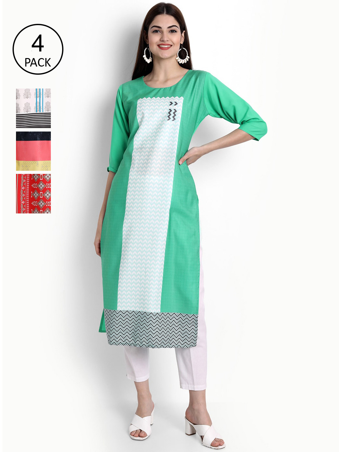 

Ethnic basket Women Pack of 4 Ethnic Motifs Printed Crepe Kurta, Green