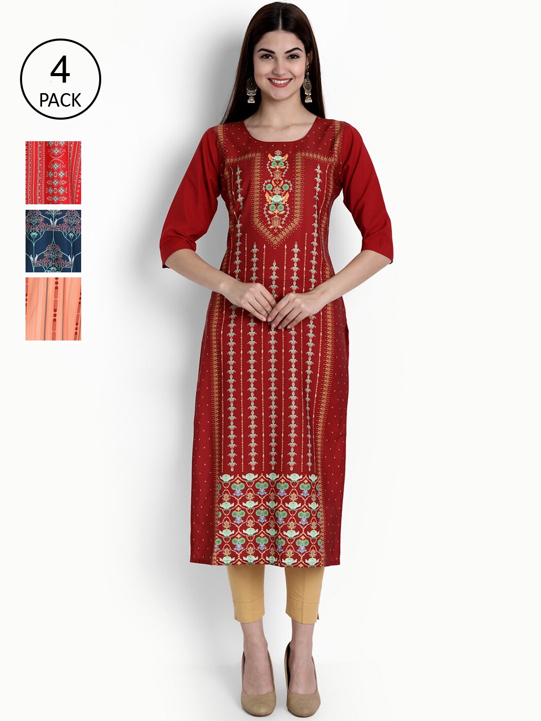 

Ethnic basket Women Pack Of 4 Multicoloured Ethnic Motifs Printed Crepe Kurta, Multi