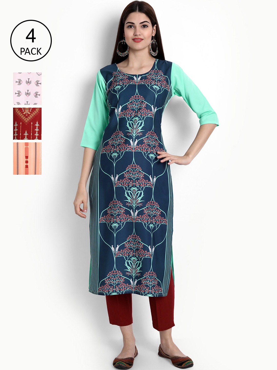 

Ethnic basket Women Pack of 4 Ethnic Motifs Printed Crepe Kurta, Blue
