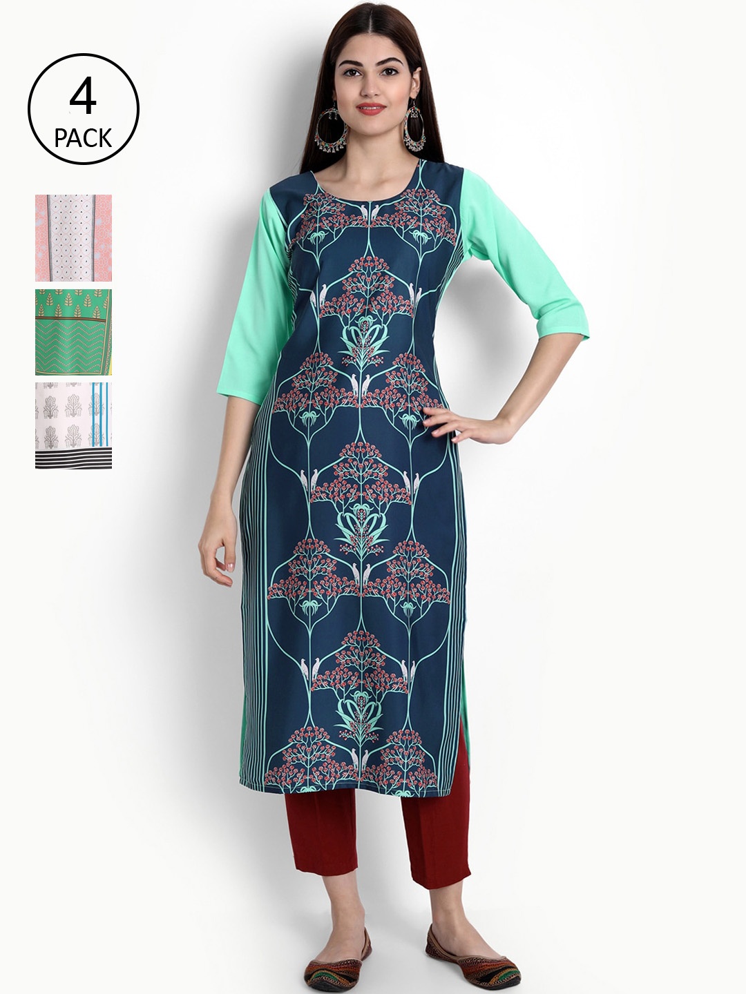 

Ethnic basket Women Blue & White Ethnic Motifs Printed Crepe Kurta Pack Of 4
