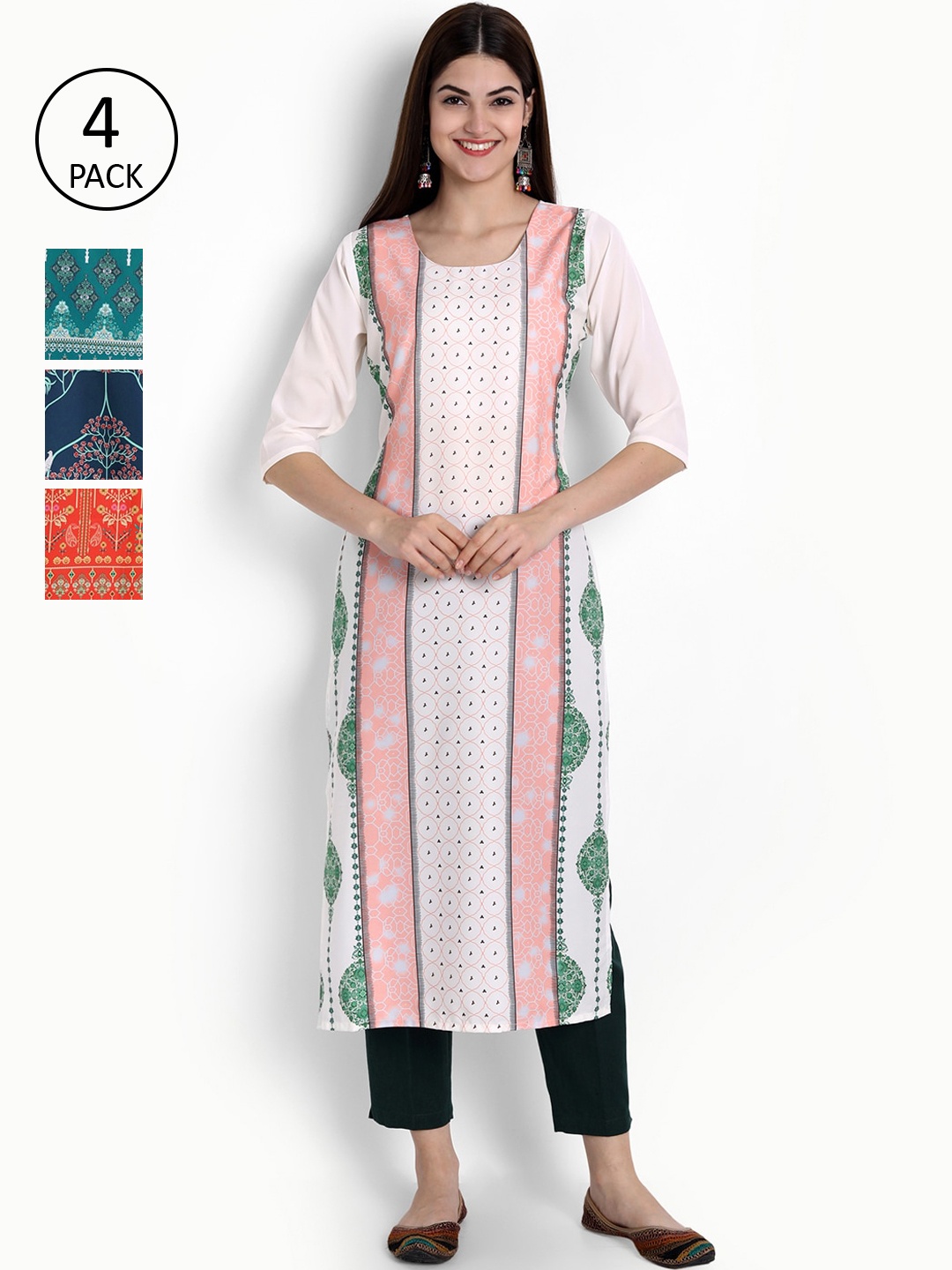 

Ethnic basket Women Pack of 4 White & Orange Ethnic Motifs Printed Crepe Kurtas