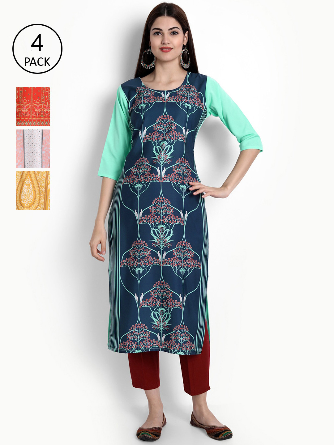 

Ethnic basket Women Pack of 4 Ethnic Motifs Printed Crepe Kurta, Blue