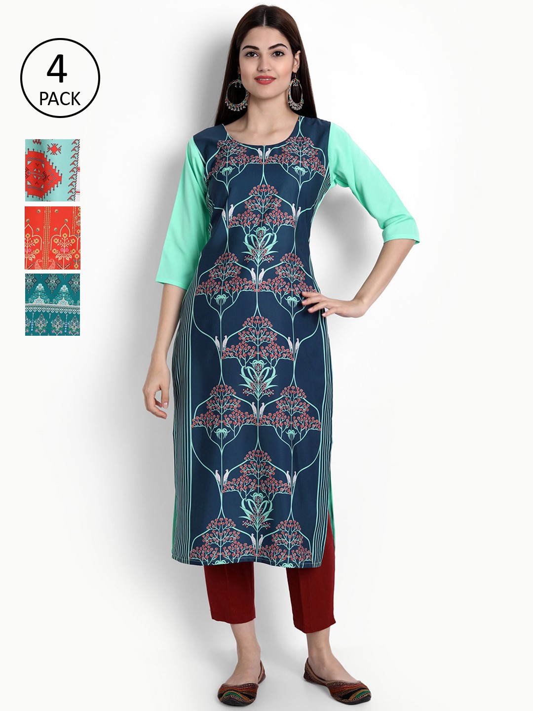 

Ethnic basket Women Pack of 4 Teal Blue & Green Ethnic Motifs Printed Crepe Kurtas