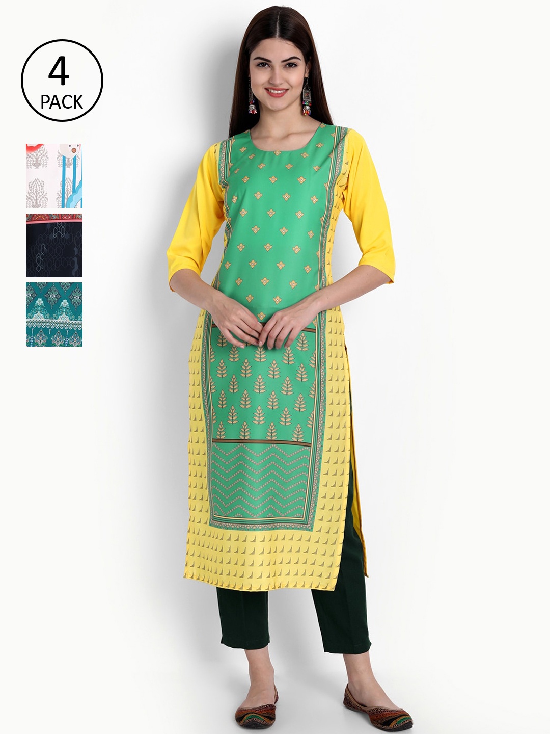 

Ethnic basket Women Pack Of 4 Multi Geometric Printed Crepe Kurta