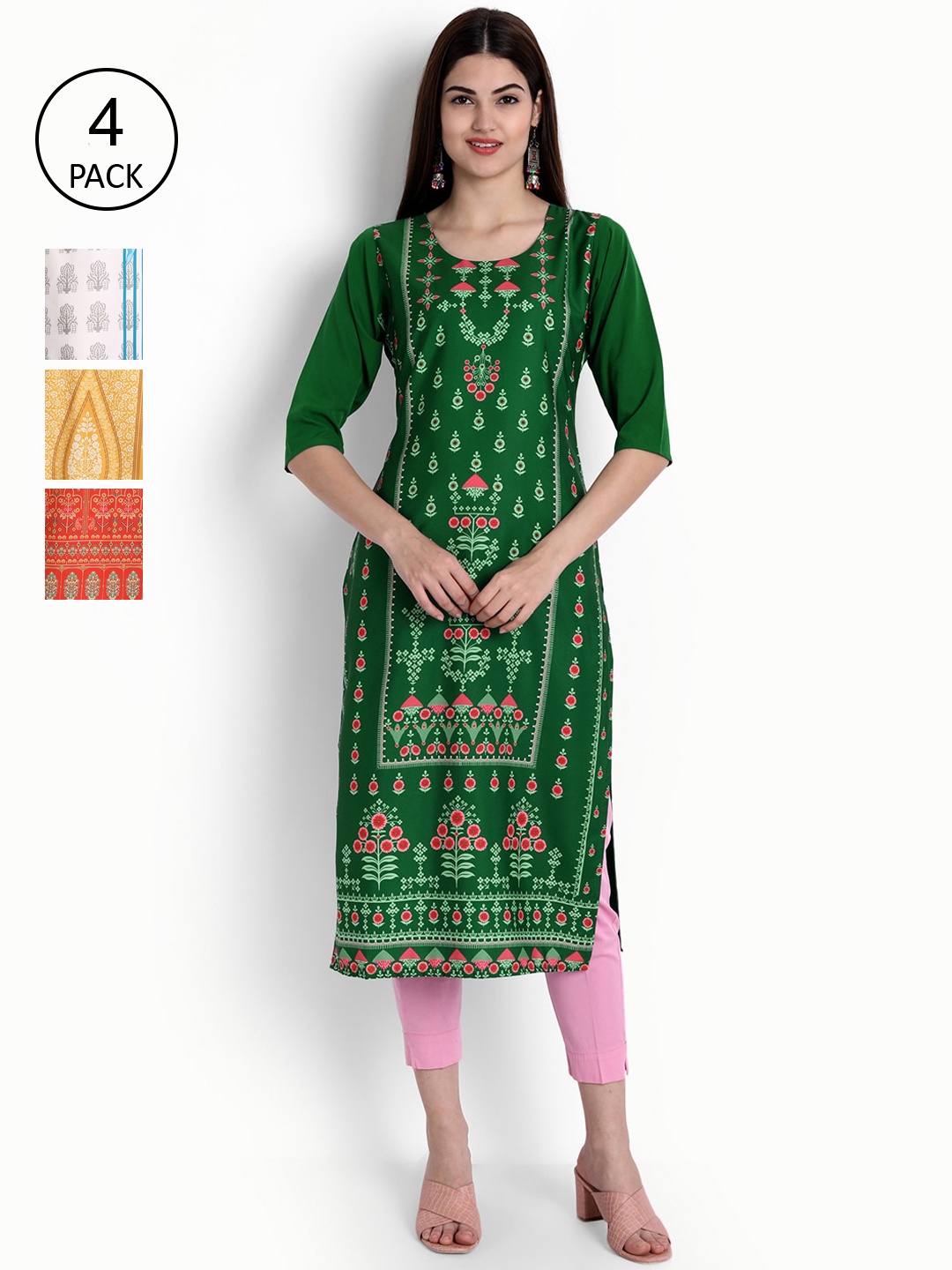 

Ethnic basket Women Set Of 4 Multicoloured Ethnic Motifs Printed Crepe Kurta, Multi