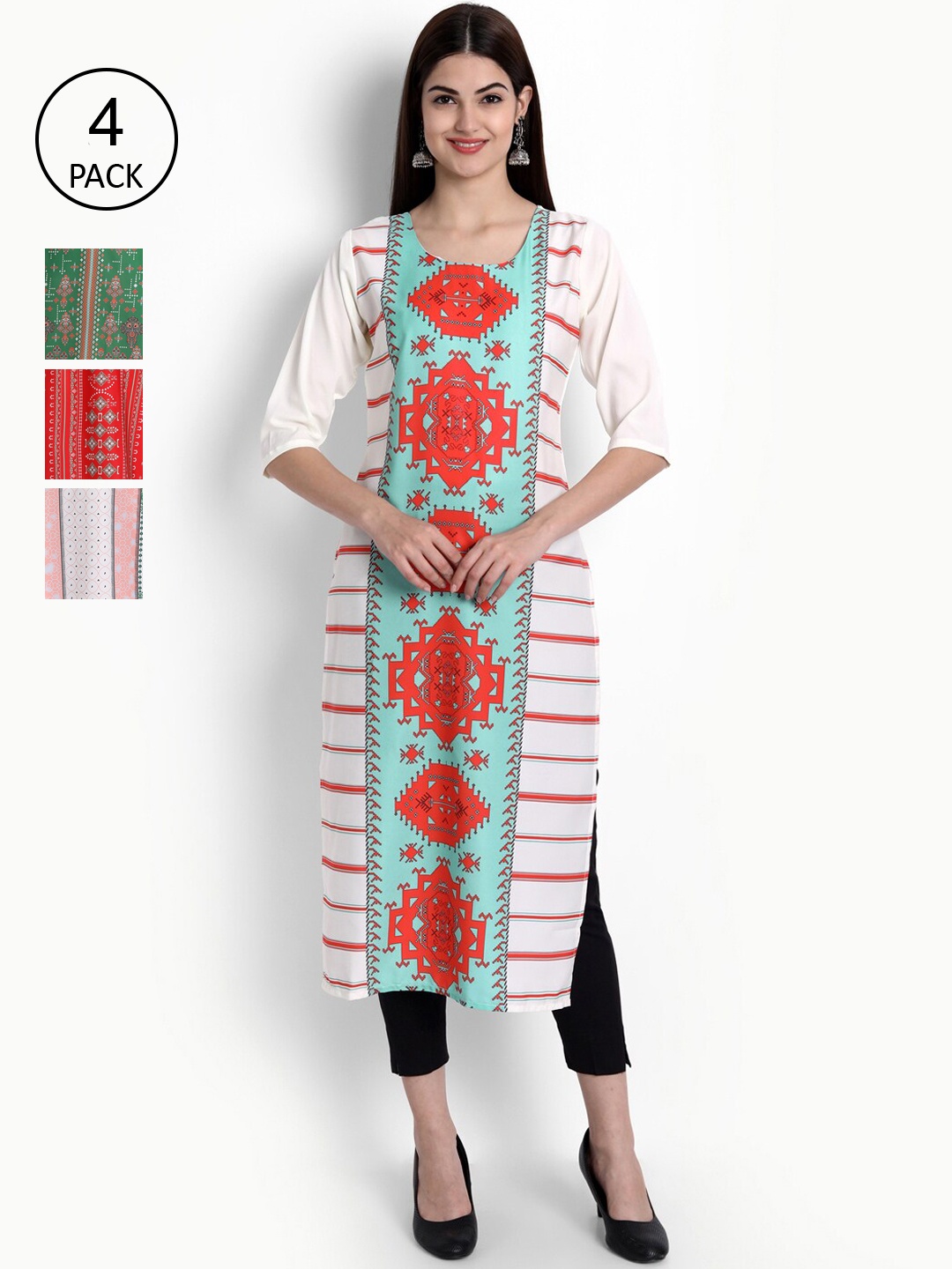 

Ethnic basket Women White & Green Ethnic Motifs Printed Crepe Kurta Pack Of 4