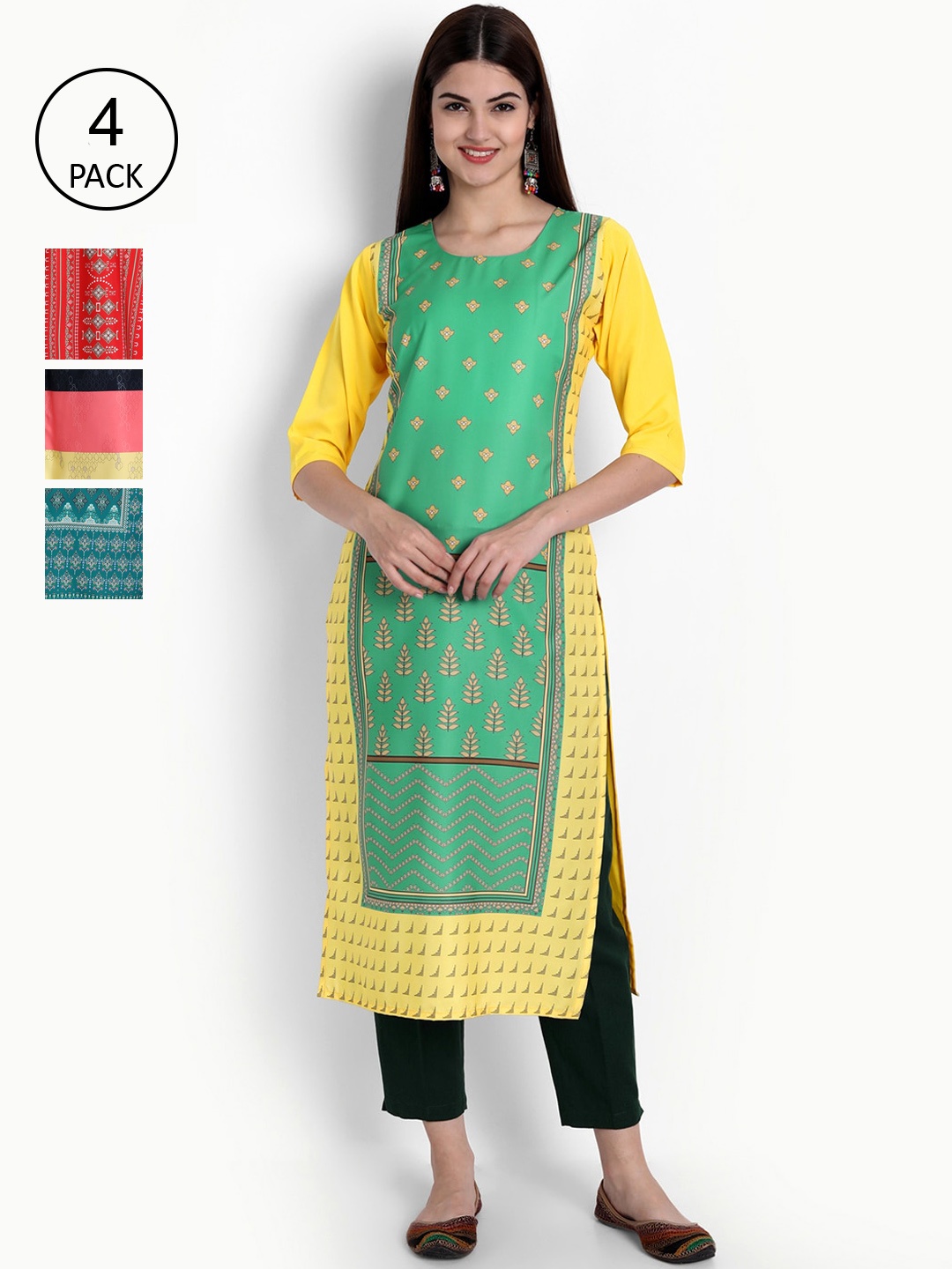 

Ethnic basket Women Set Of 4 Yellow & Teal Blue Ethnic Motifs Printed Crepe Kurta
