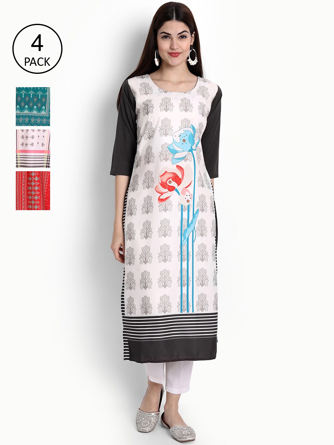

Ethnic basket Women Pack of 4 Ethnic Motifs Printed Crepe Kurta, White