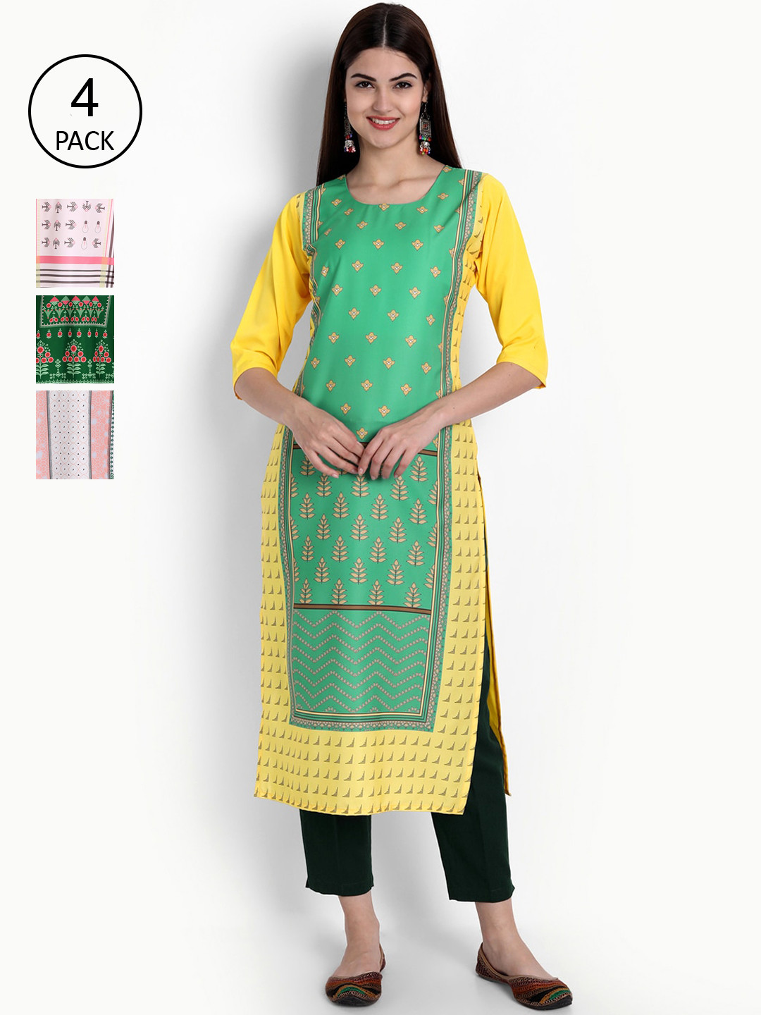 

Ethnic basket Women Yellow & Pink Ethnic Motifs Printed Crepe Kurta Pack Of 4