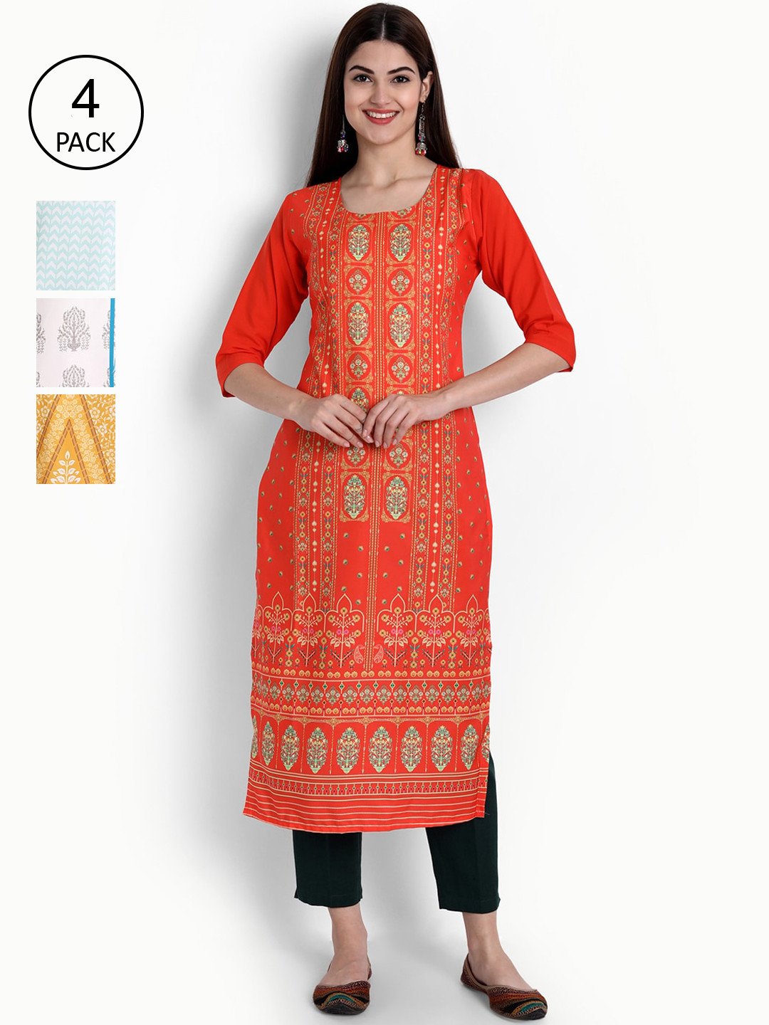 

Ethnic basket Women Pack of 4 Printed Crepe Kurta, White
