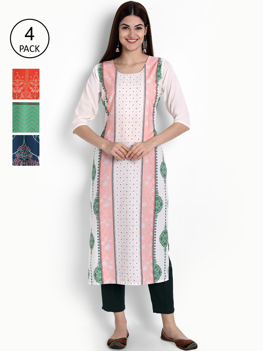 

Ethnic basket Women Pack of 4 Ethnic Motifs Printed Crepe Kurta, Pink