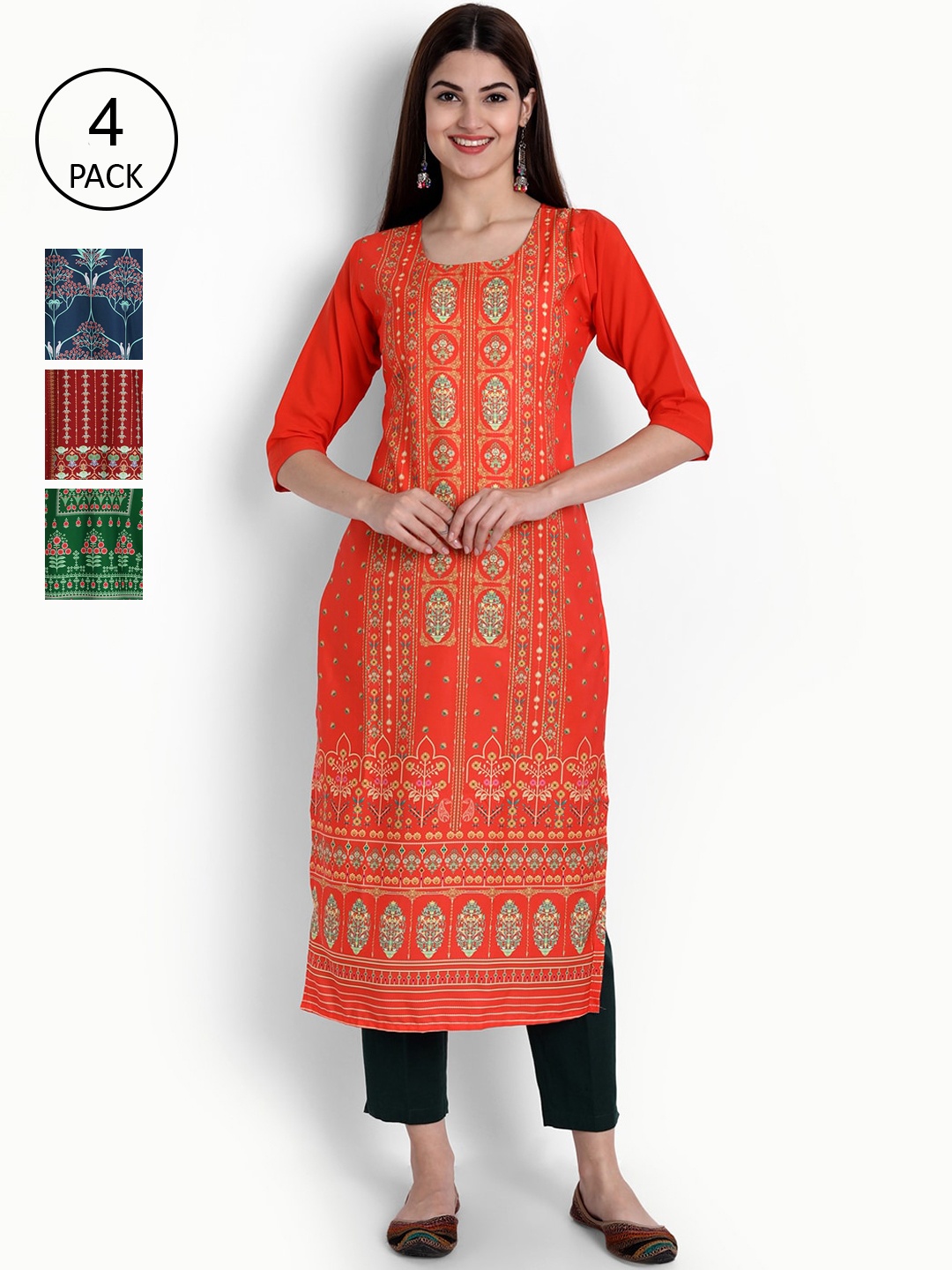 

Ethnic basket Women Orange & Green Ethnic Motifs Printed Crepe Kurta Pack Of 4