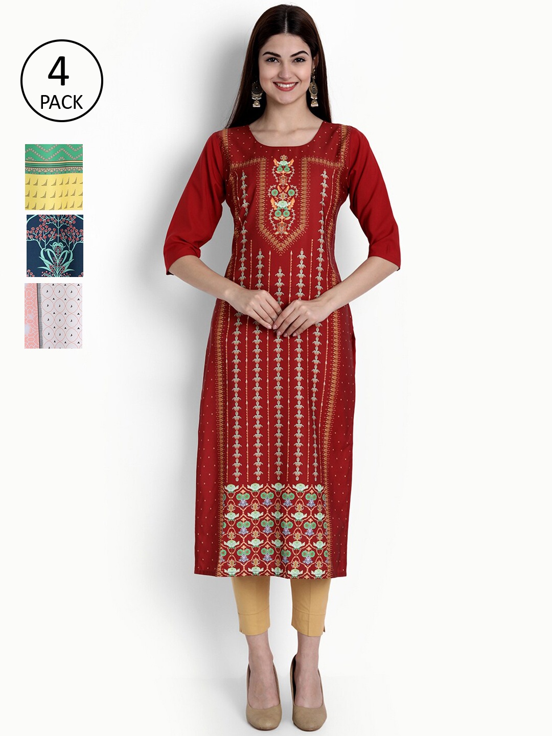 

Ethnic basket Women Set Of 4 Red & Blue Floral Printed Crepe Kurta
