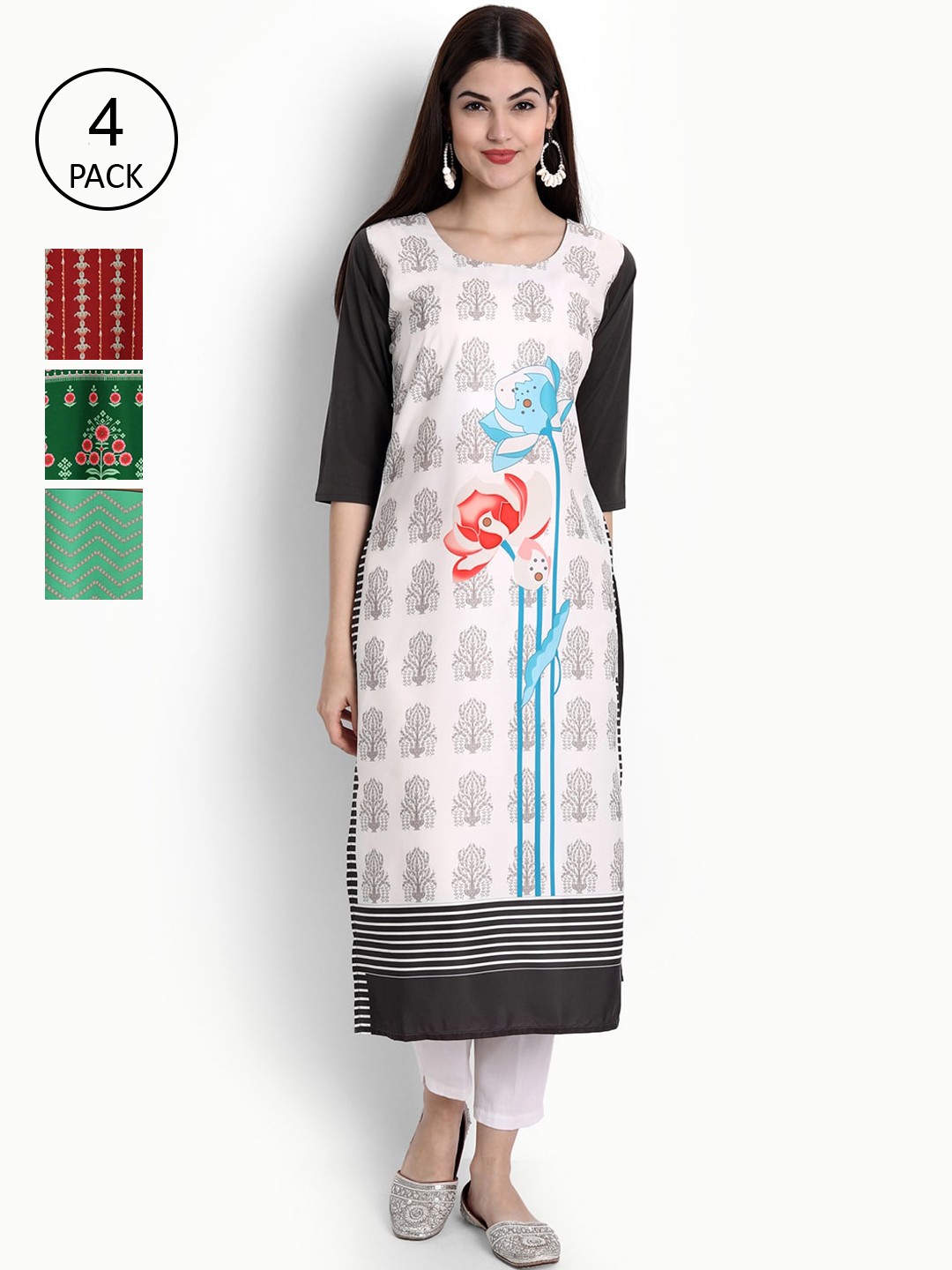 

Ethnic basket Women Set Of 4 White & Red Floral Printed Crepe Kurta