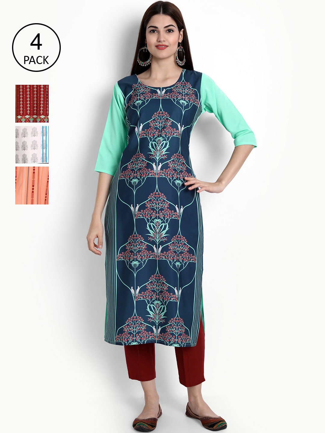 

Ethnic basket Women Set Of 4 Red & Peach-Coloured Floral Printed Crepe Kurta