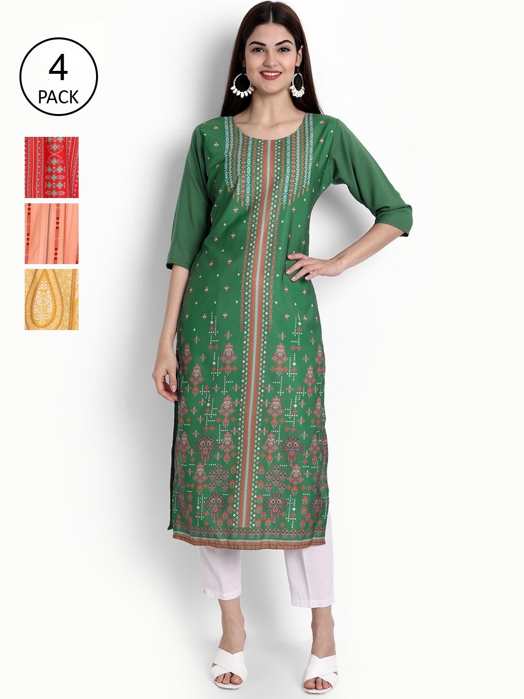 

Ethnic basket Women Pack of 4 Printed Crepe Kurta, Green