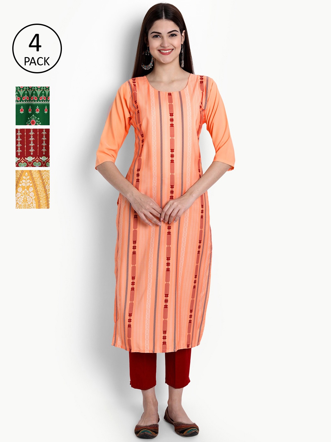 

Ethnic basket Women Set Of 4 Peach-Coloured & Green Geometric Printed Crepe Kurta