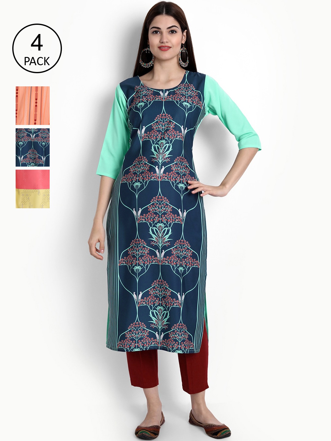 

Ethnic basket Women Pack Of 4 Ethnic Motifs Printed Crepe Kurta, Navy blue