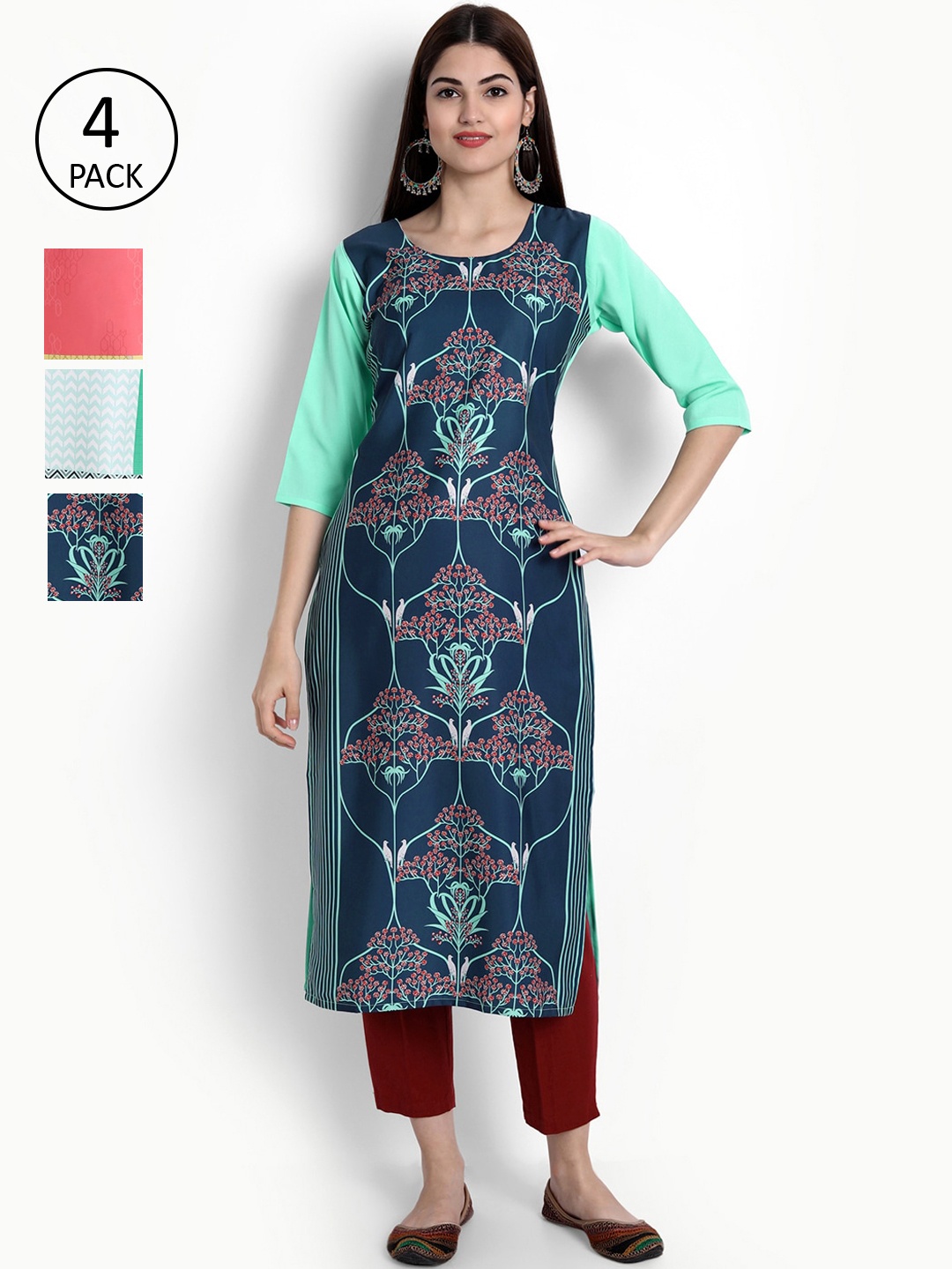 

Ethnic basket Women Pack Of 4 Multi Ethnic Motifs Printed Crepe Kurta
