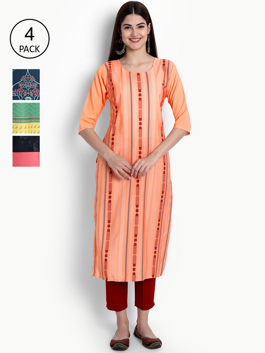 

Ethnic basket Women Pack of 4 Digital Printed Straight Kurtas, Peach