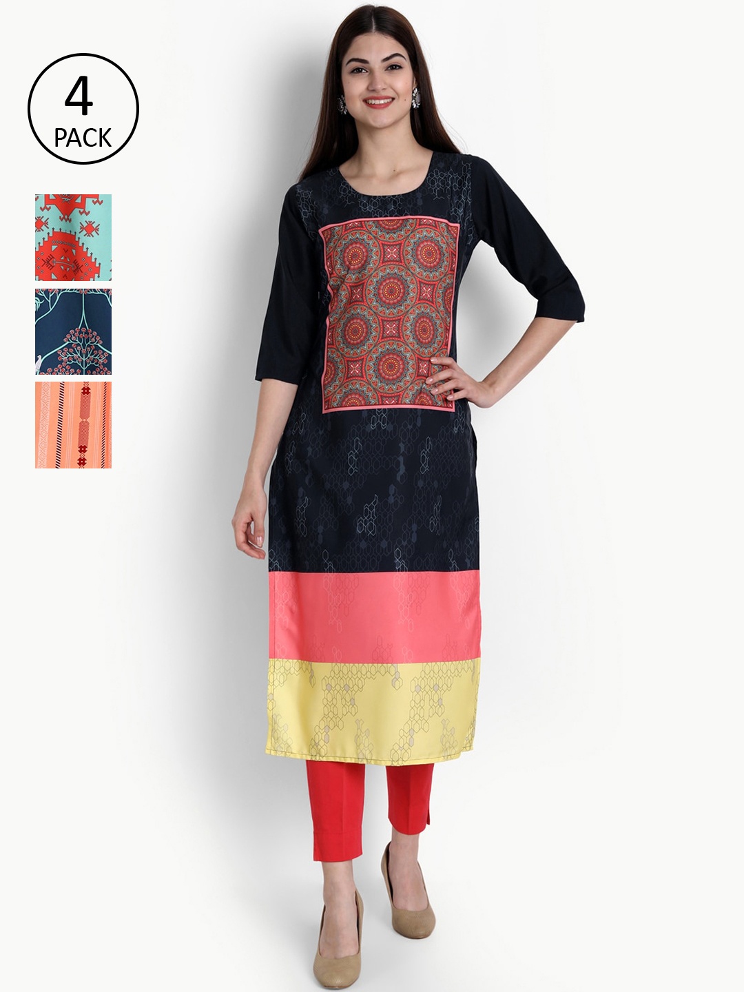 

Ethnic basket Women Pack of 4 Multicoloured Printed Crepe Straight Kurta, Multi