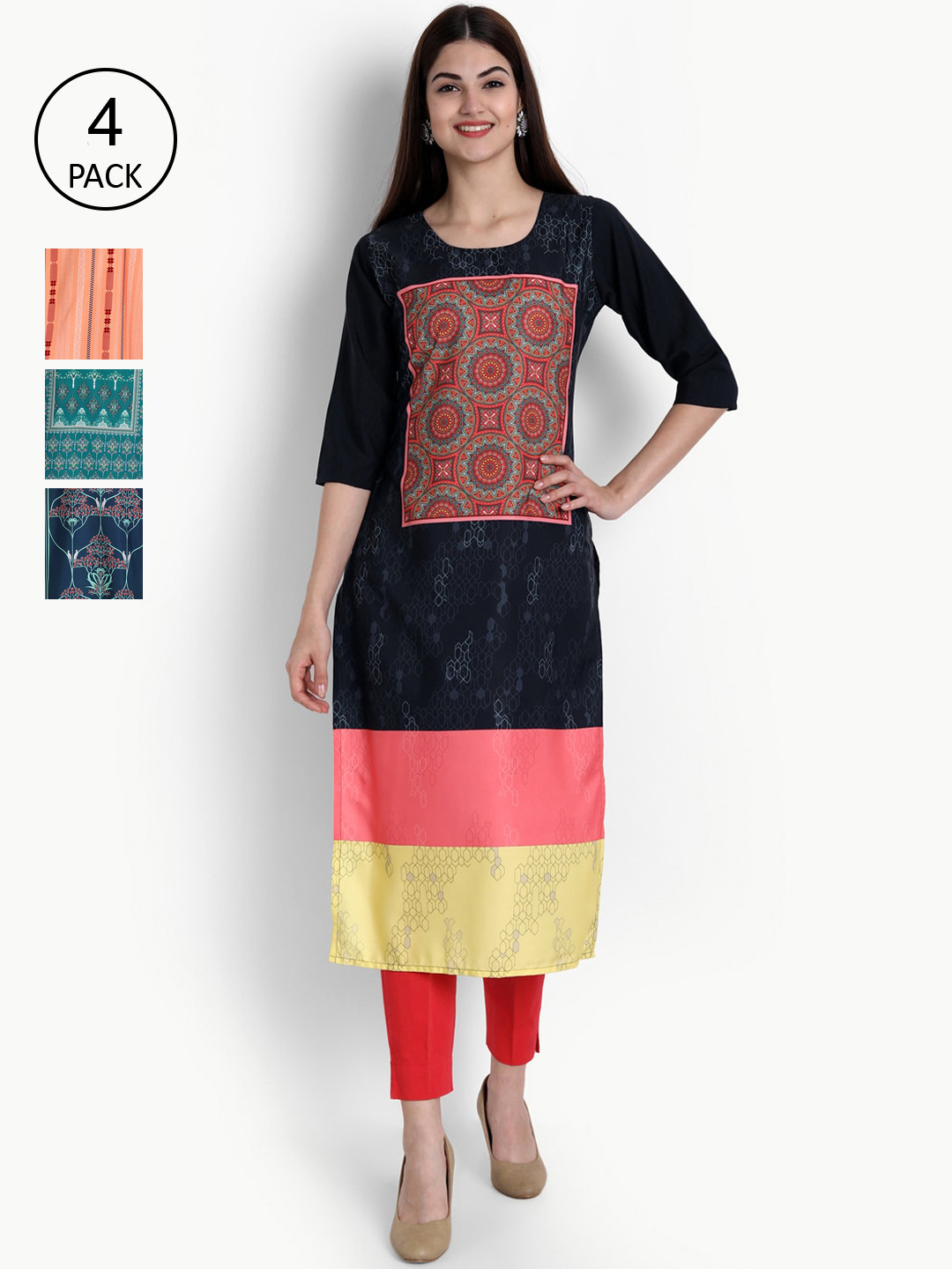 

Ethnic basket Women Pack Of 4 Multi Ethnic Motifs Printed Crepe Kurta