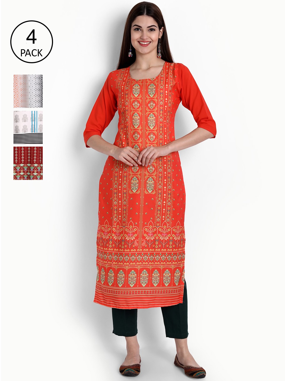 

Ethnic basket Women Orange & Red Ethnic Motifs Printed Thread Work Crepe Kurta Pack Of 4