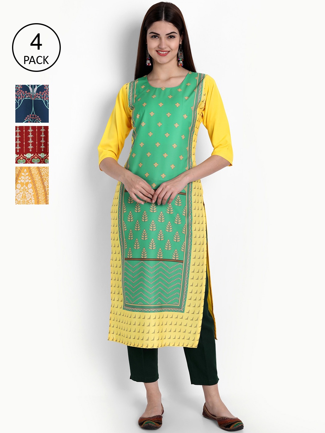 

Ethnic basket Women Pack of 4 Ethnic Motifs Printed Crepe Kurta, Yellow