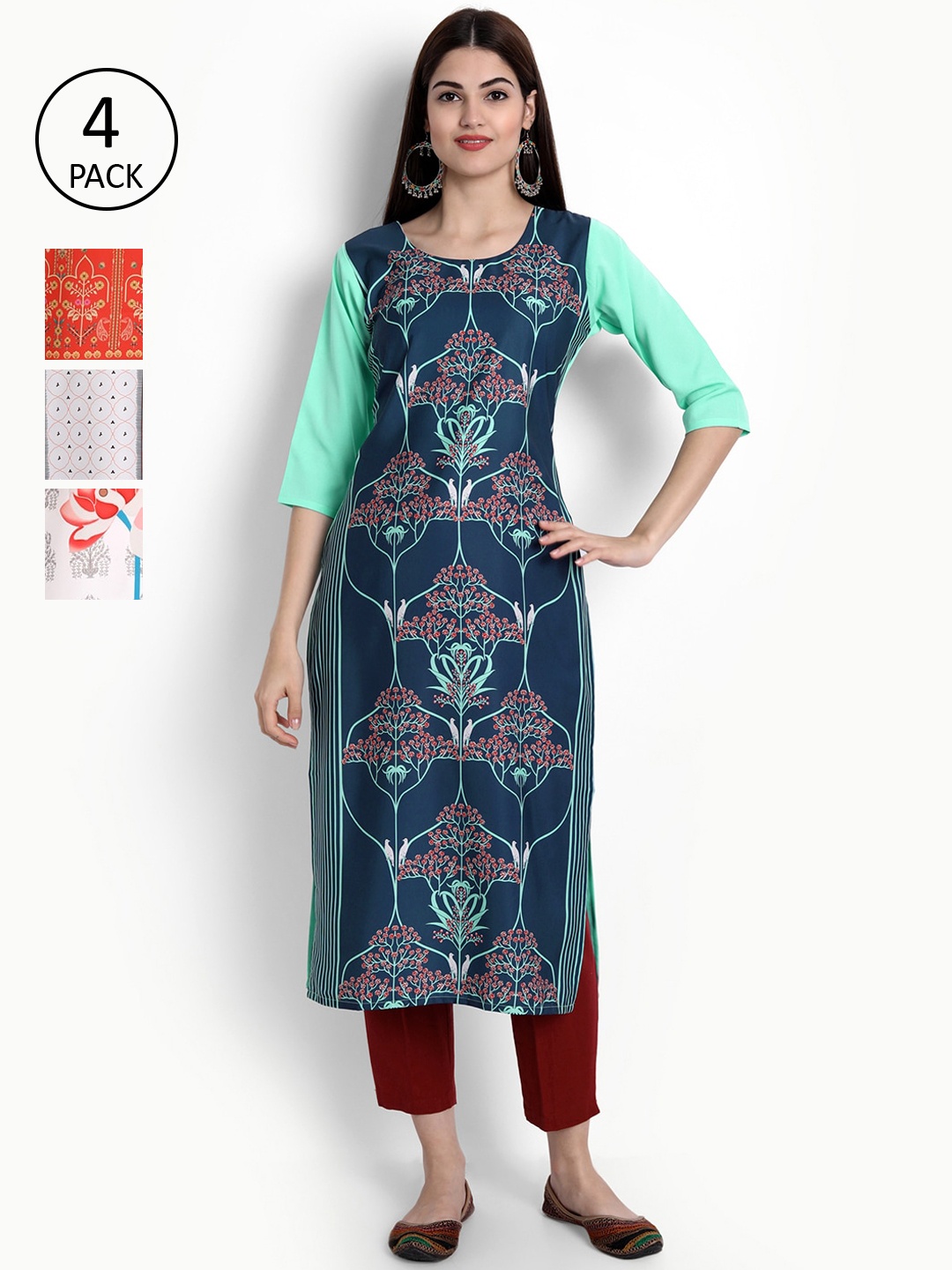 

Ethnic basket Women Pack Of 4 Navy Blue & Orange Ethnic Motifs Printed Crepe Kurta