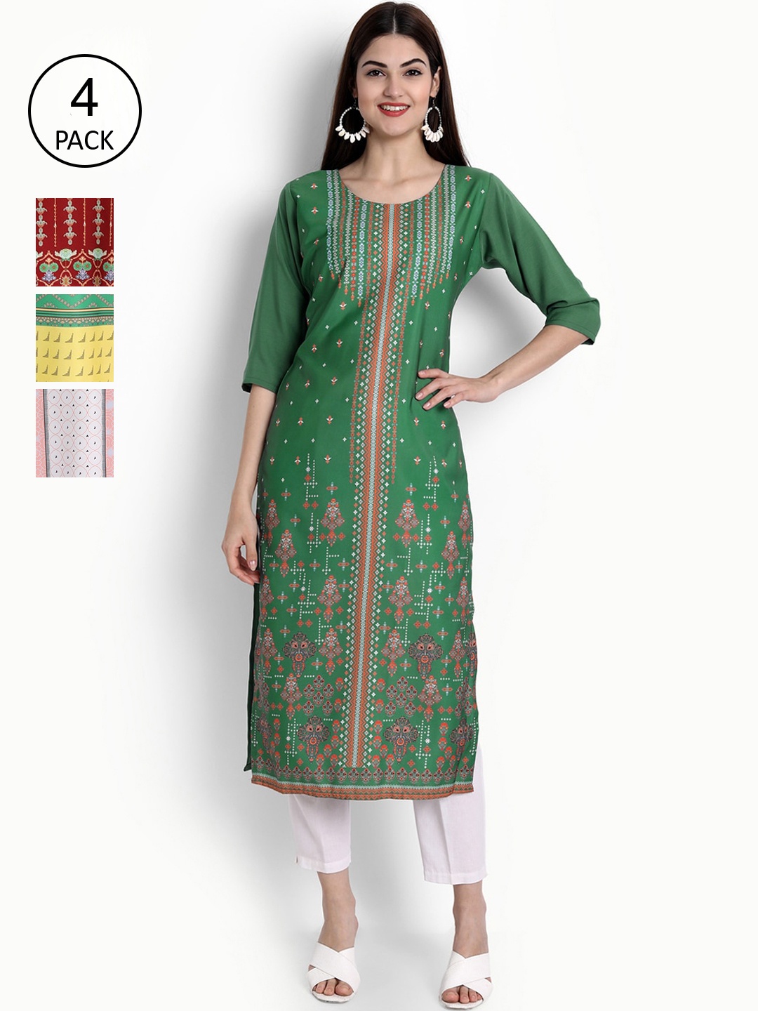 

Ethnic basket Women Pack of 4 Ethnic Motifs Printed Crepe Kurta, Green