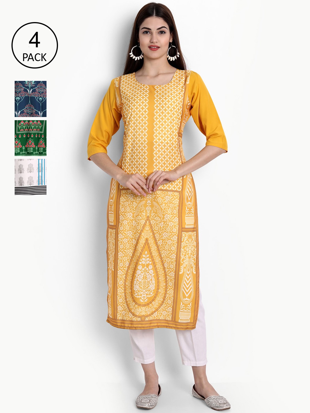 

Ethnic basket Women Pack of 4 Digital Printed Straight Kurtas, Yellow