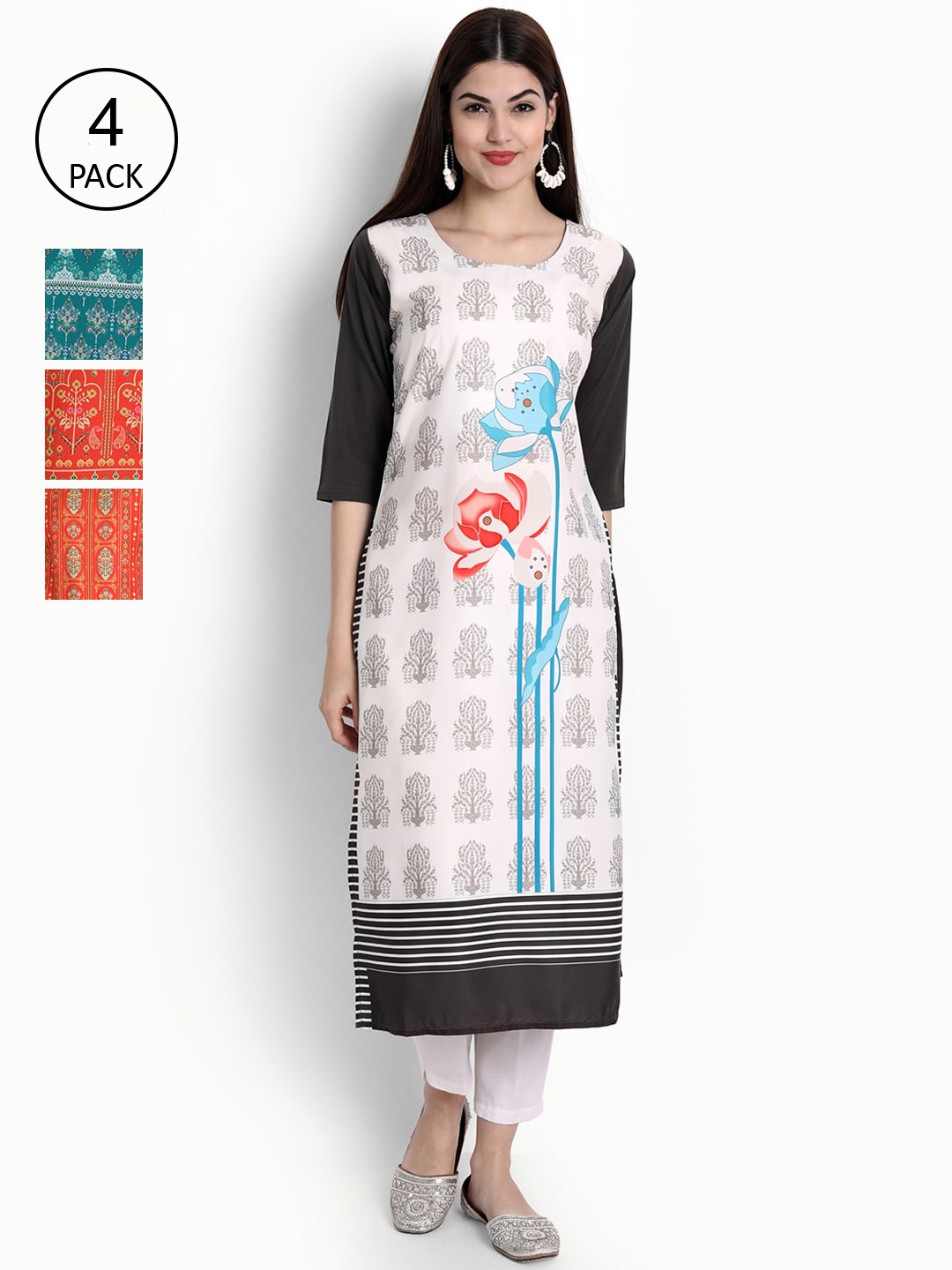 

Ethnic basket Women Pack Of 4 Multi Ethnic Motifs Printed Thread Work Crepe Kurta
