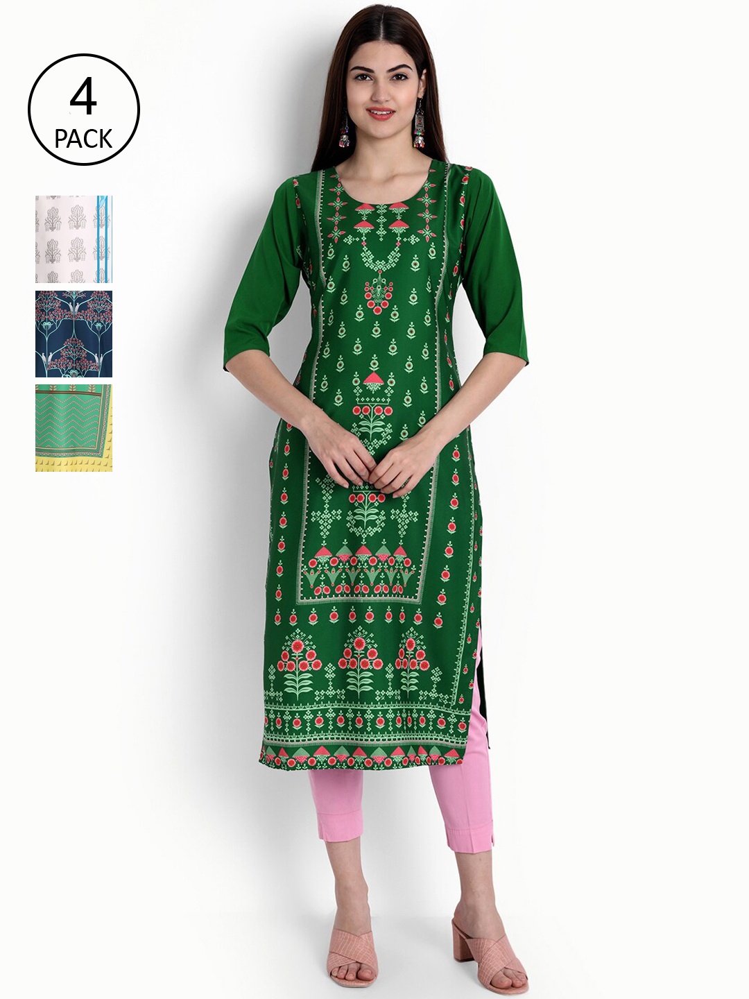 

Ethnic basket Women Pack Of 4 Green Ethnic Motifs Printed Crepe Kurta