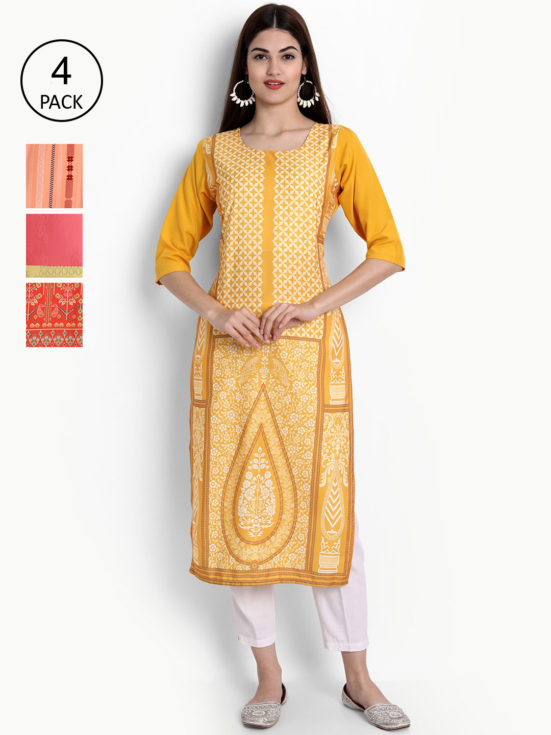 

Ethnic basket Women Pack of 4 Digital Printed Straight Kurtas, Yellow
