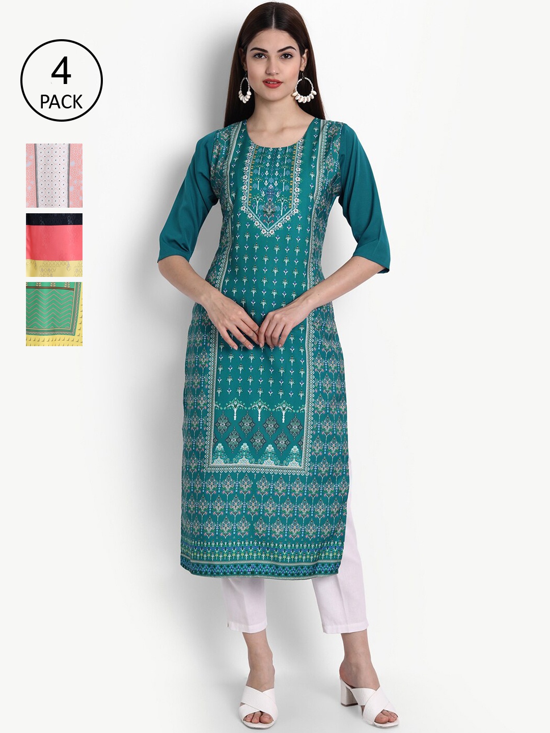 

Ethnic basket Women Pack Of 4 Multi Geometric Printed Crepe Kurta