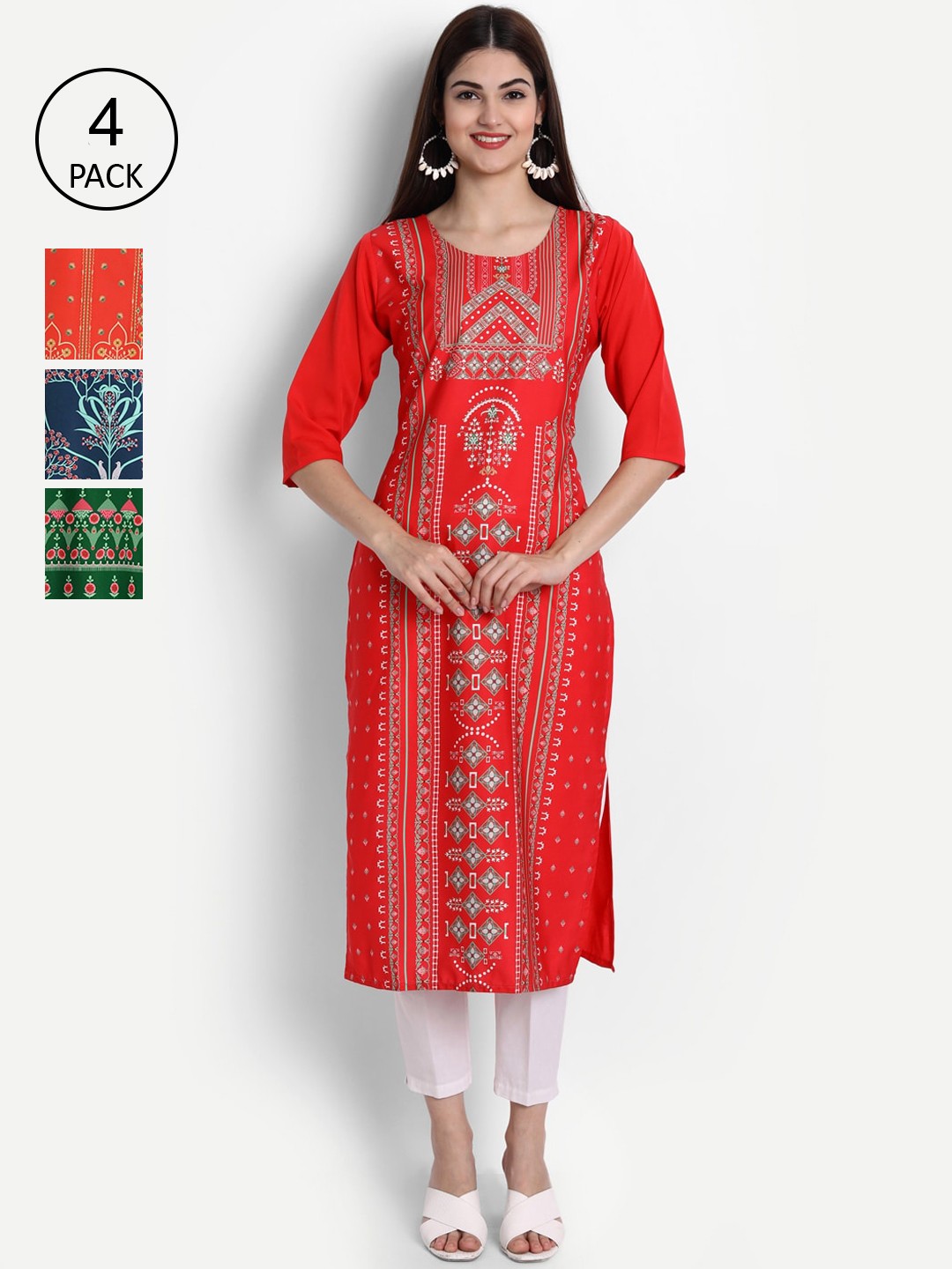 

Ethnic basket Women Multicoloured Pack Of 4 Ethnic Motifs Printed Kurta, Multi