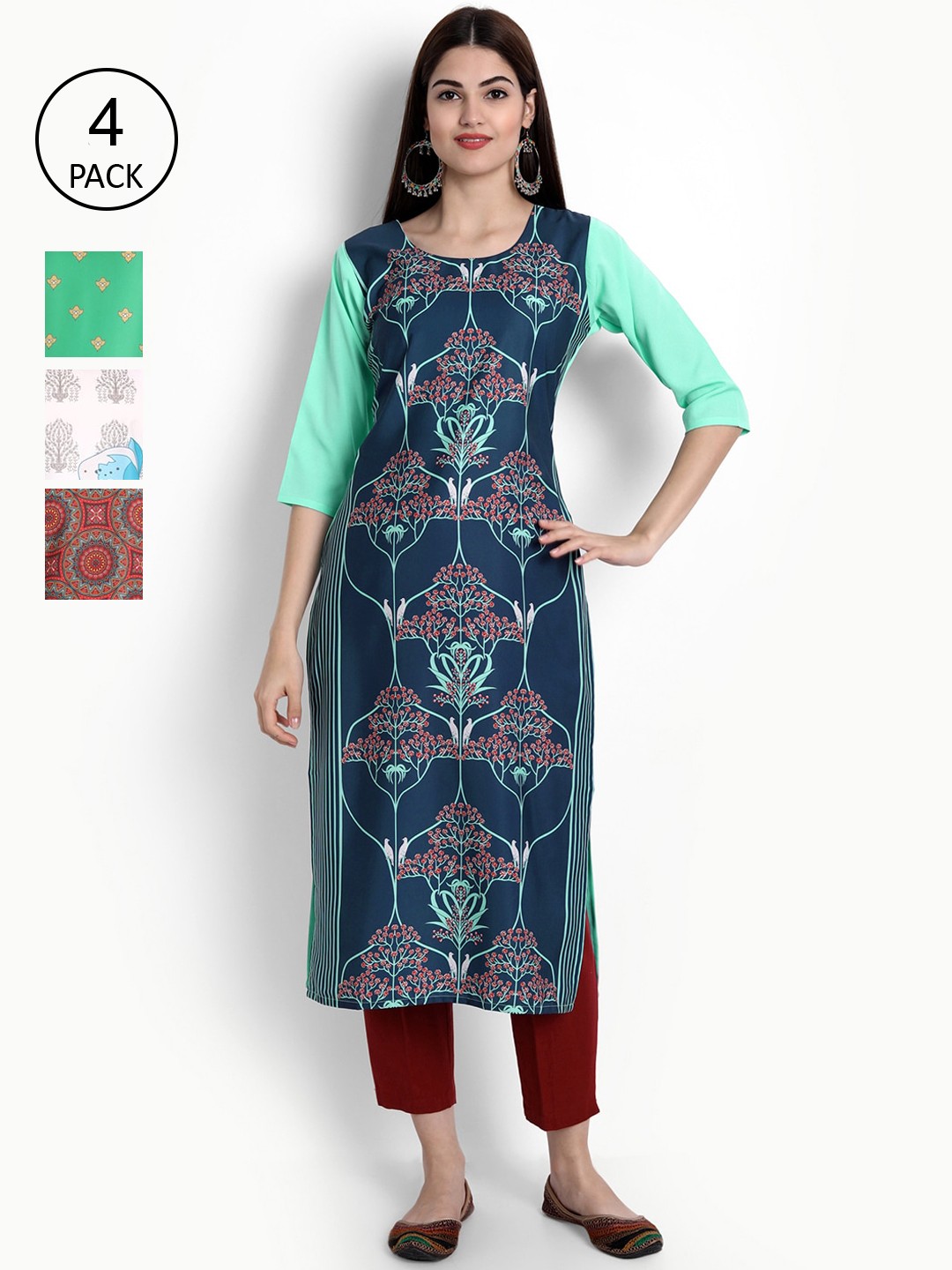 

Ethnic basket Women Pack of 4 Ethnic Motifs Printed Crepe Kurta, Blue